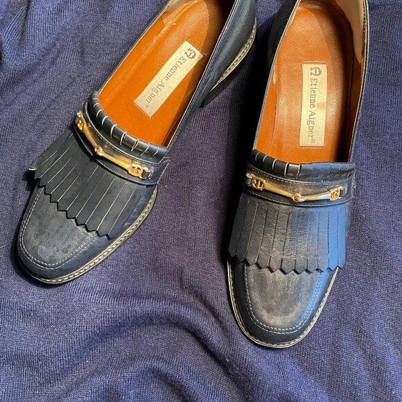 Etienne Aigner College Slippers Navy Blue Loafers Leather - Picture 1 of 5